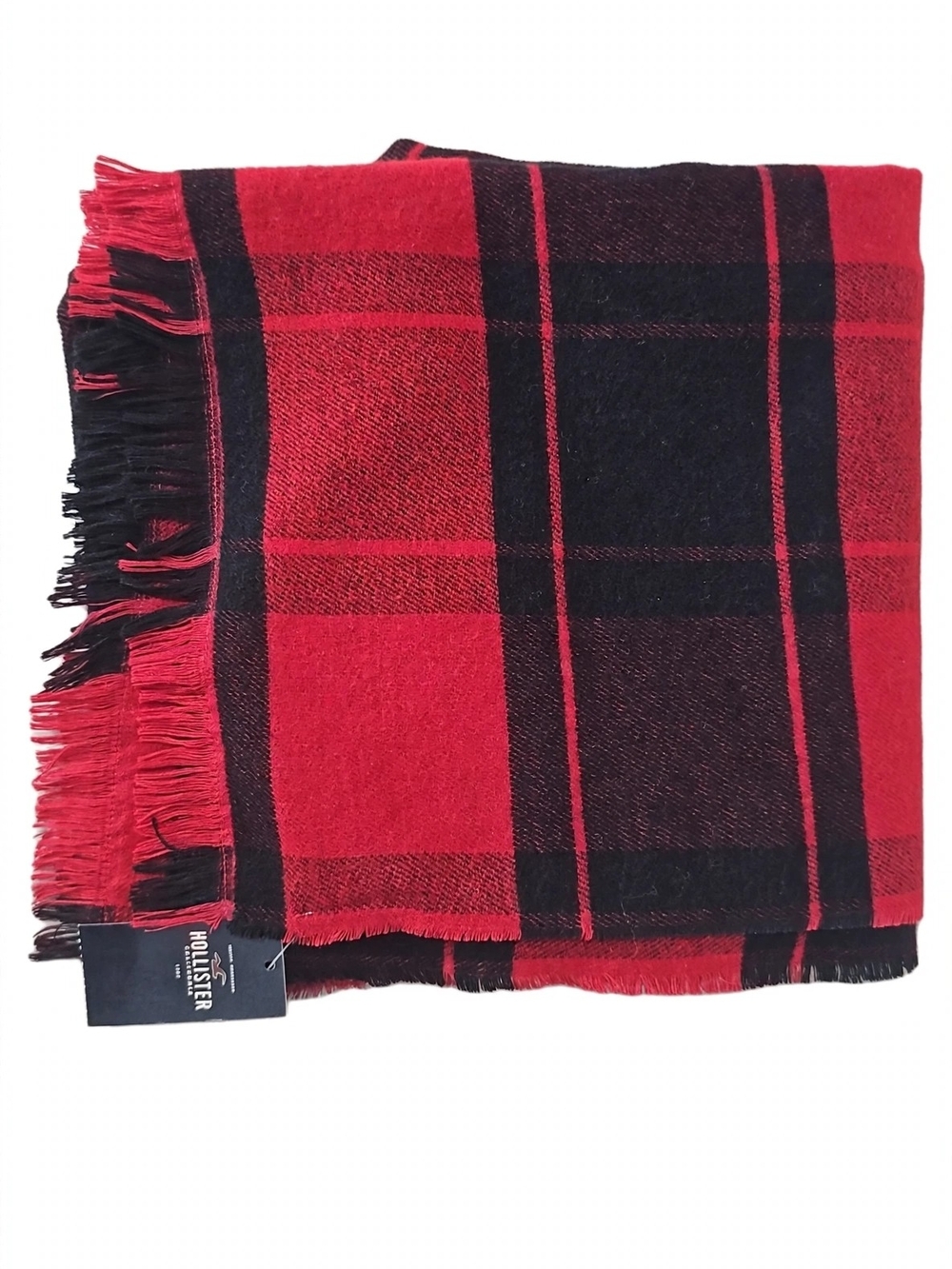 Hollister Red Black Buffalo Plaid Blanket Scarf Shawl Wrap Fringe NWT